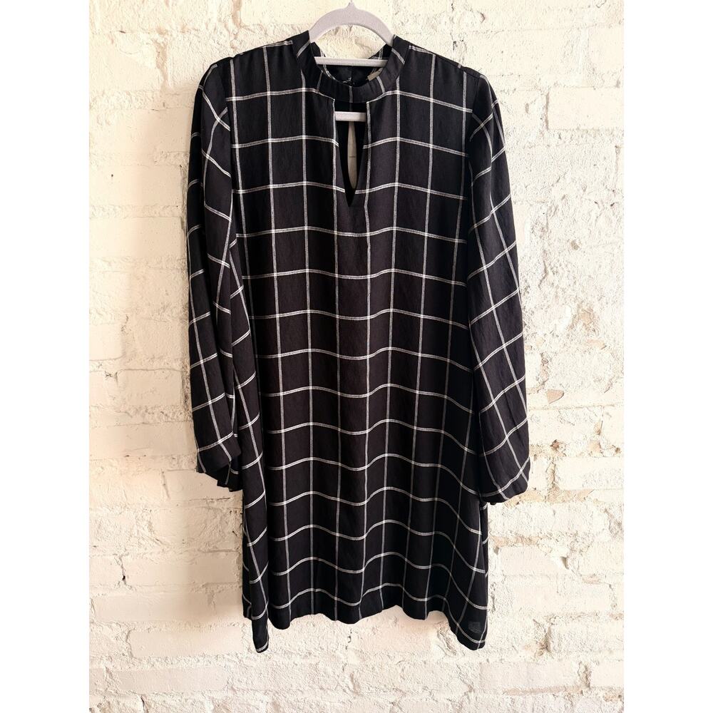 LOFT Black Windowpane Plaid Tunic Shift Dress Long Sleeve Keyhole Womens L